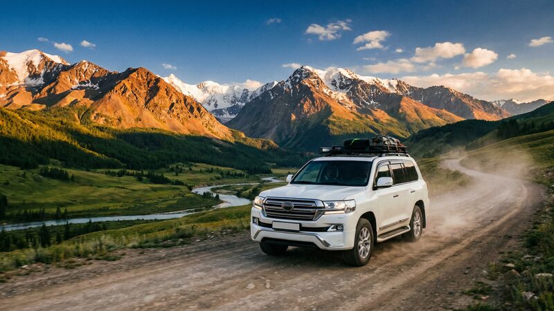 Toyota Land Cruiser 200 белый — экспедиционный трансфер по горным дорогам Алтая